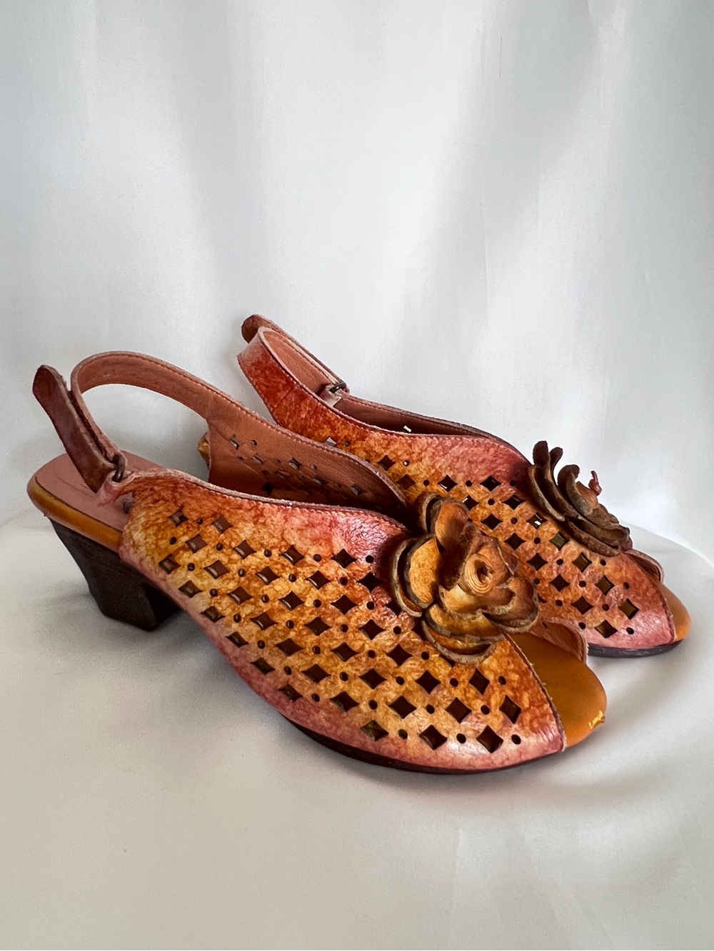 L’Artiste Spring Step Lovella Slingback Leather Sandals Shoes Brown Flower 39 8